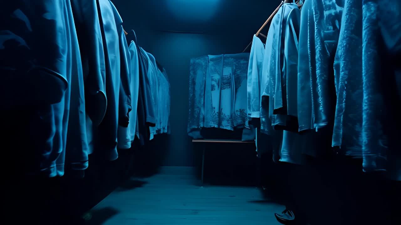 一个昏暗的房间里挂满了超大连帽衫，连帽衫上印有氰版