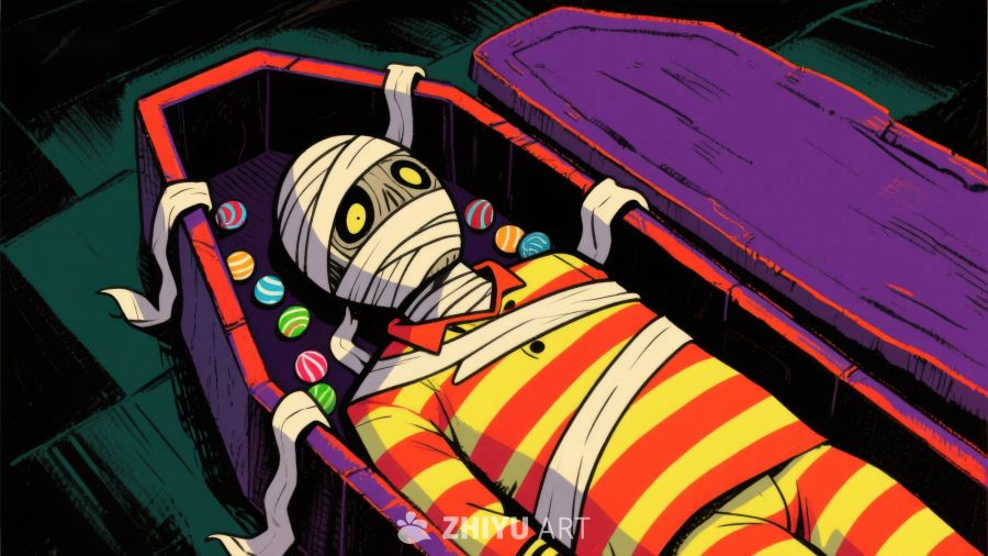 木乃伊躺在彩色棺材中