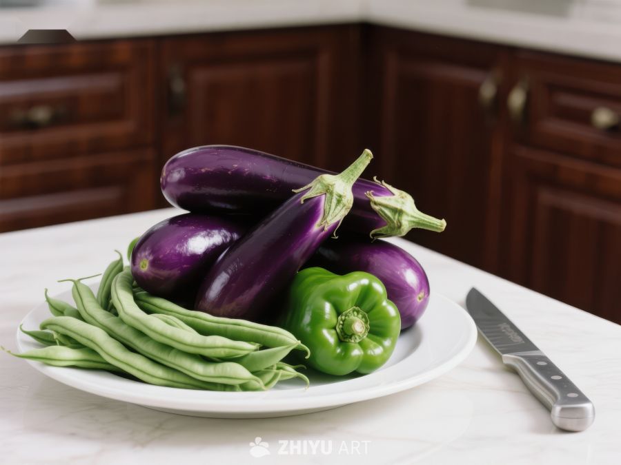 新鲜茄子、青椒与四季豆的组合 580