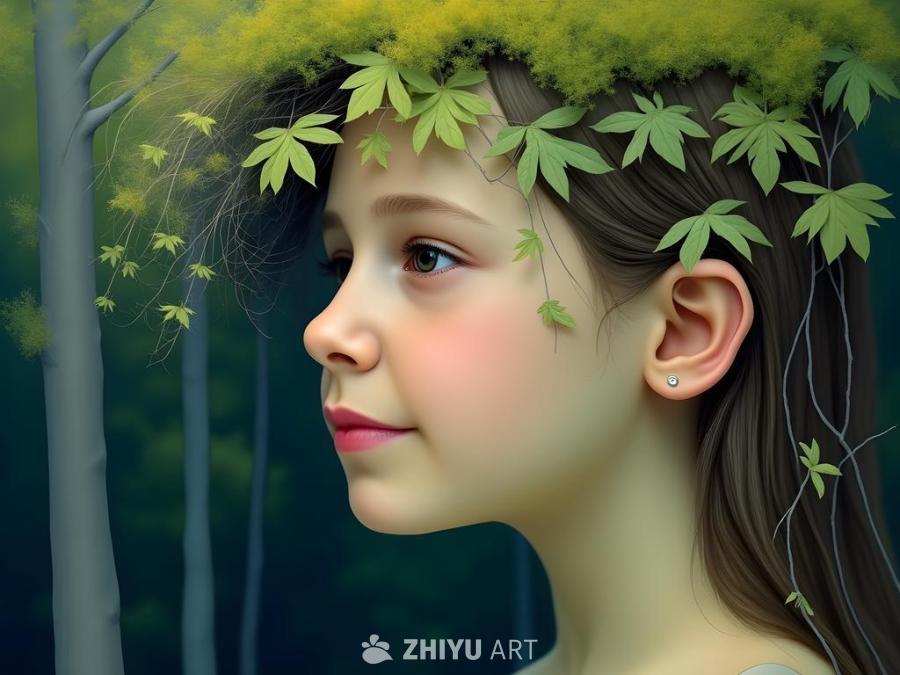 一个女孩的脸被艺术化地描绘出来，背景是森林景观。女