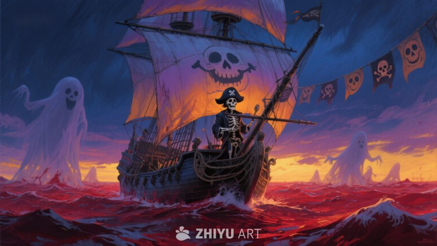 幽灵海盗船在血色海面航行