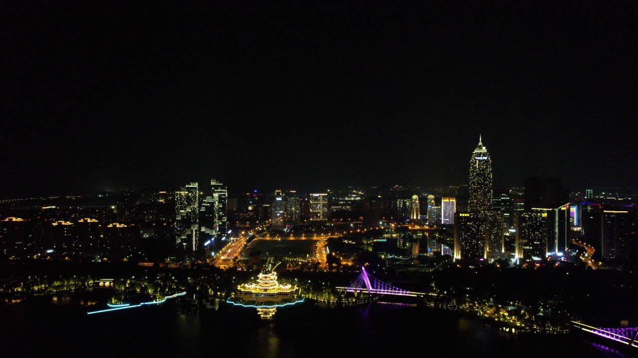  绍兴城市夜景灯光交通航拍