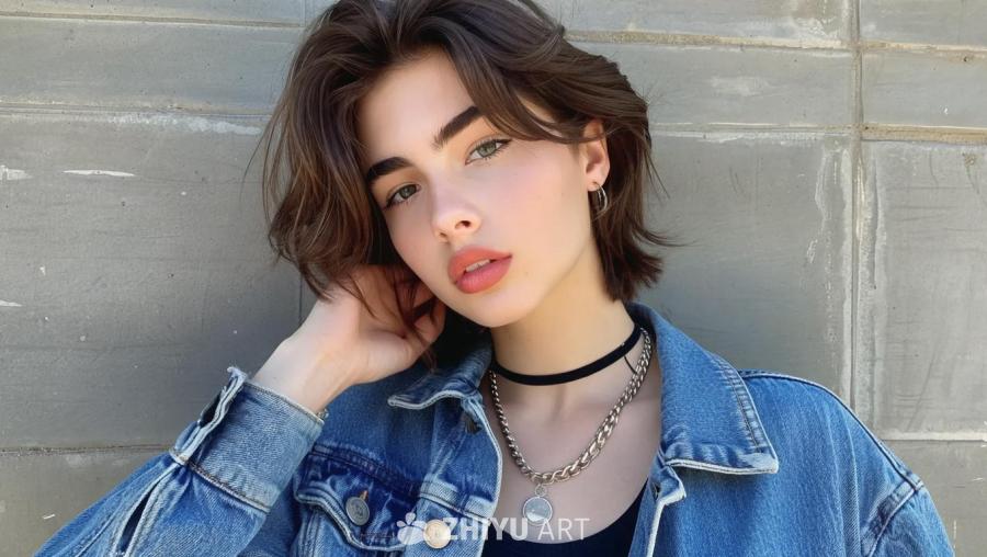 一名年轻女性站在灰色的水泥墙前。她穿着一件蓝色牛仔