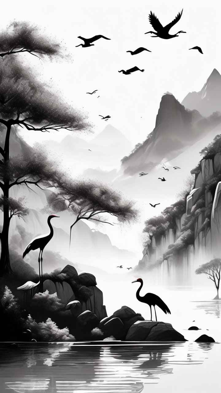 国风山水鹤插画背景 68