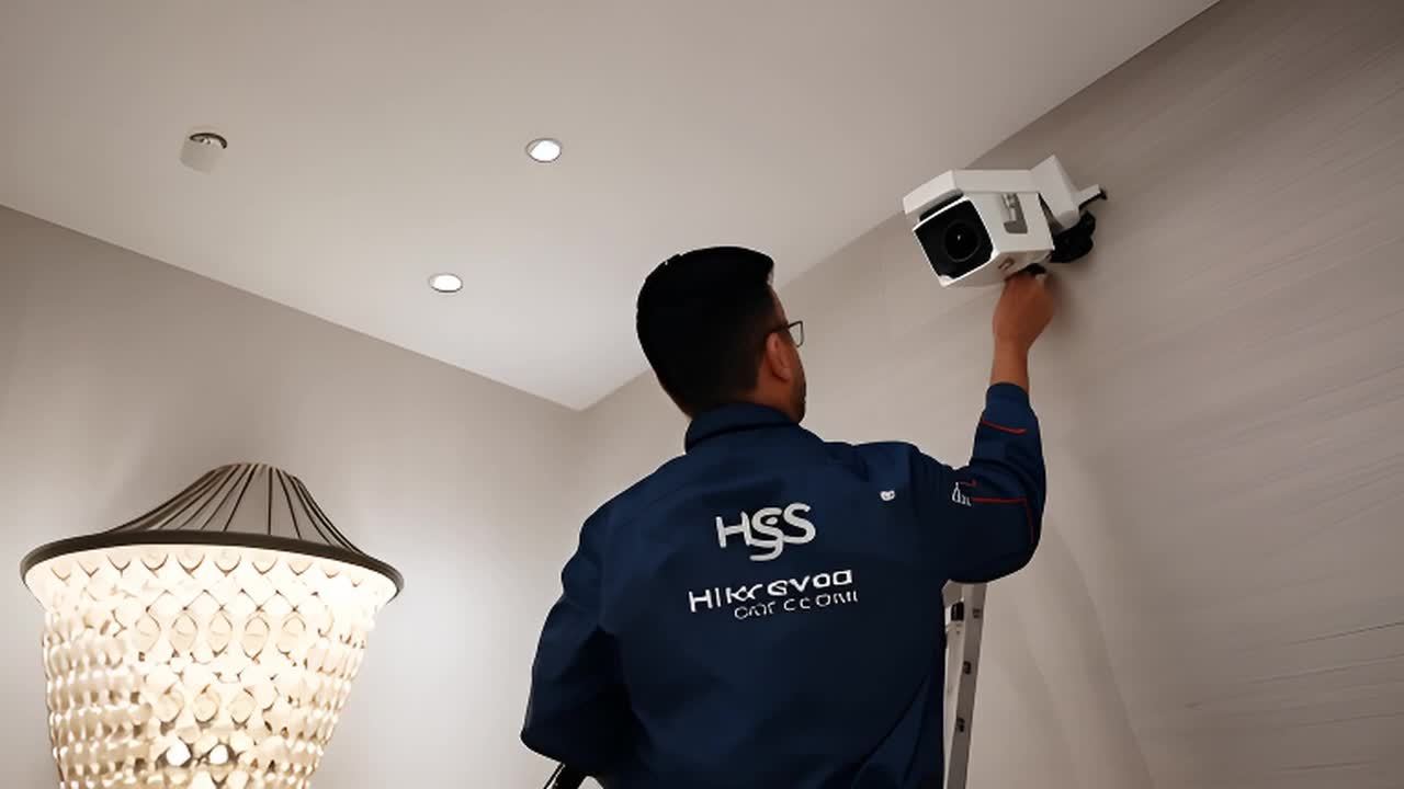 一个穿着印有“HSS”标志蓝色制服的男性技术员站在