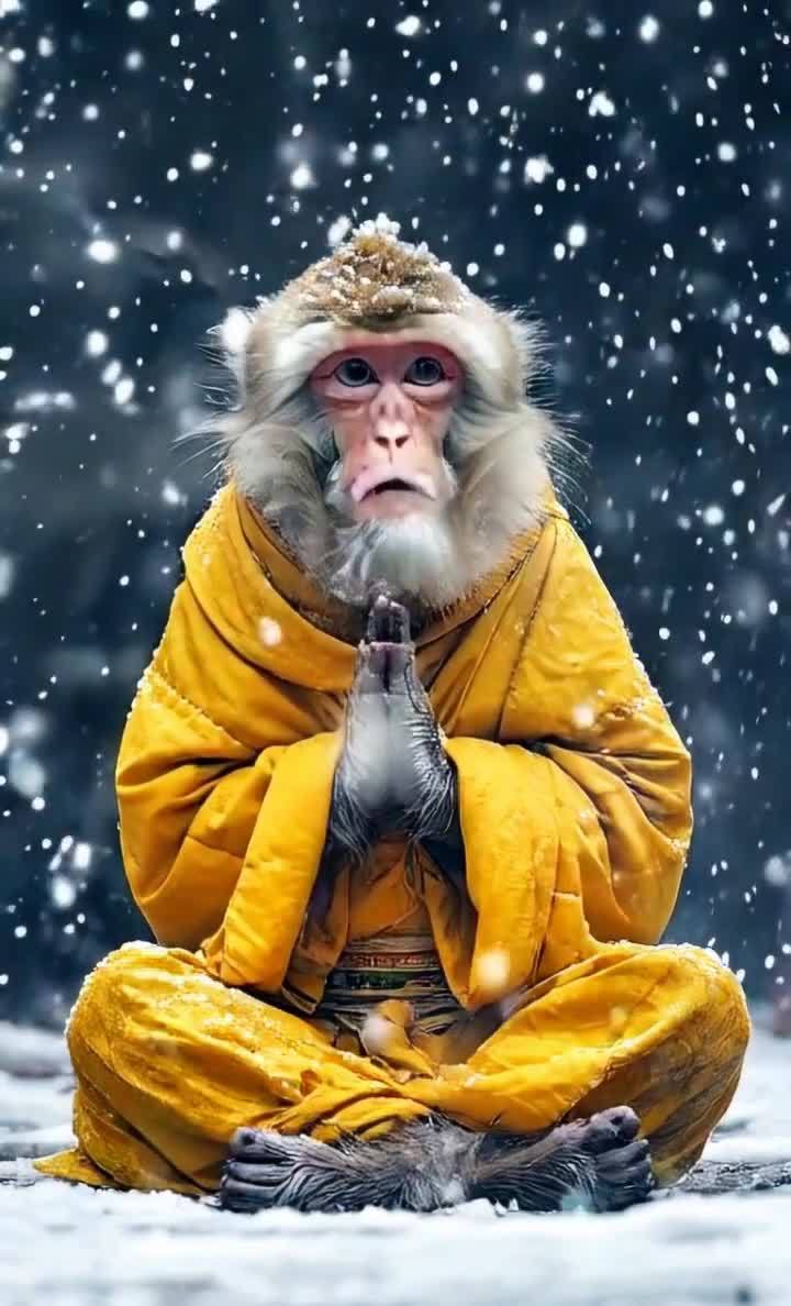 雪中禅修的猴子：身着黄色袈裟双手合十