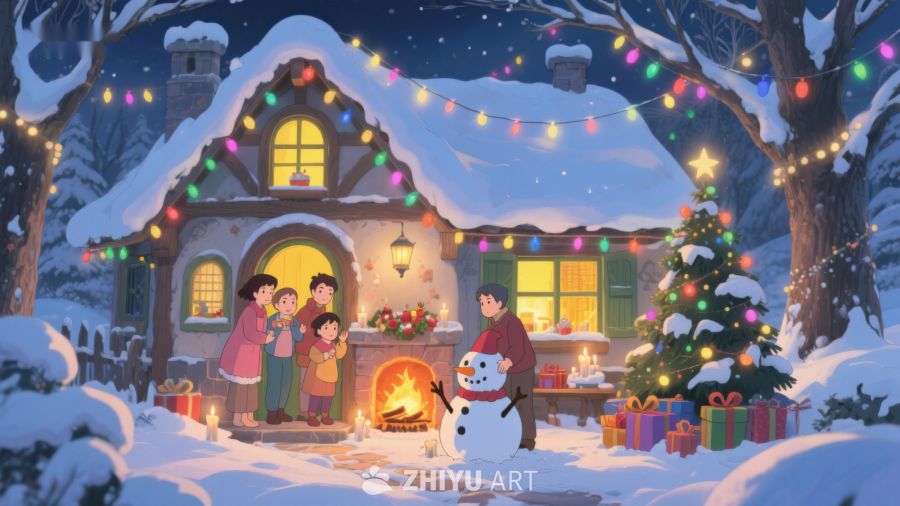 温馨圣诞夜，家庭欢聚雪景中 303