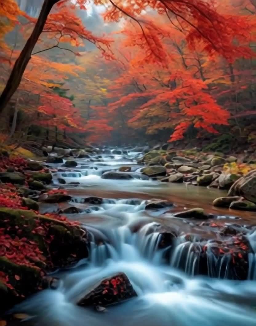一条小溪流淌在布满岩石的山谷中。溪流两侧布满落叶。