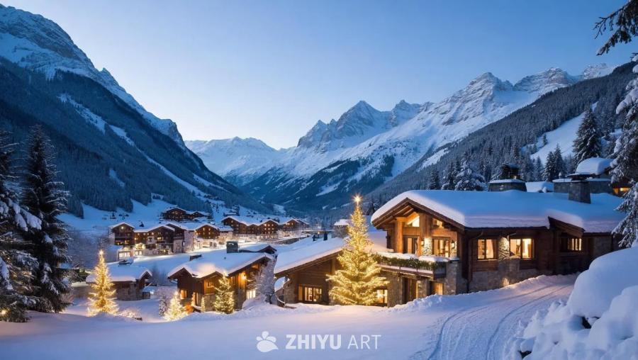 画面中呈现了雪山脚下的一个村庄，房屋被厚厚的积雪覆