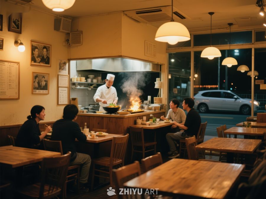 餐厅内厨师现场烹饪，顾客围坐享受美食 23