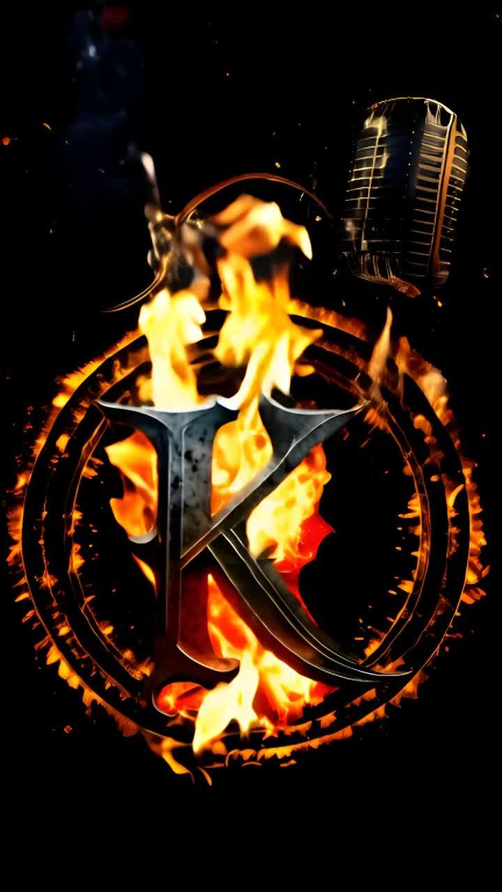 一个字母“K”的轮廓，周围环绕着火焰，背景为黑色。