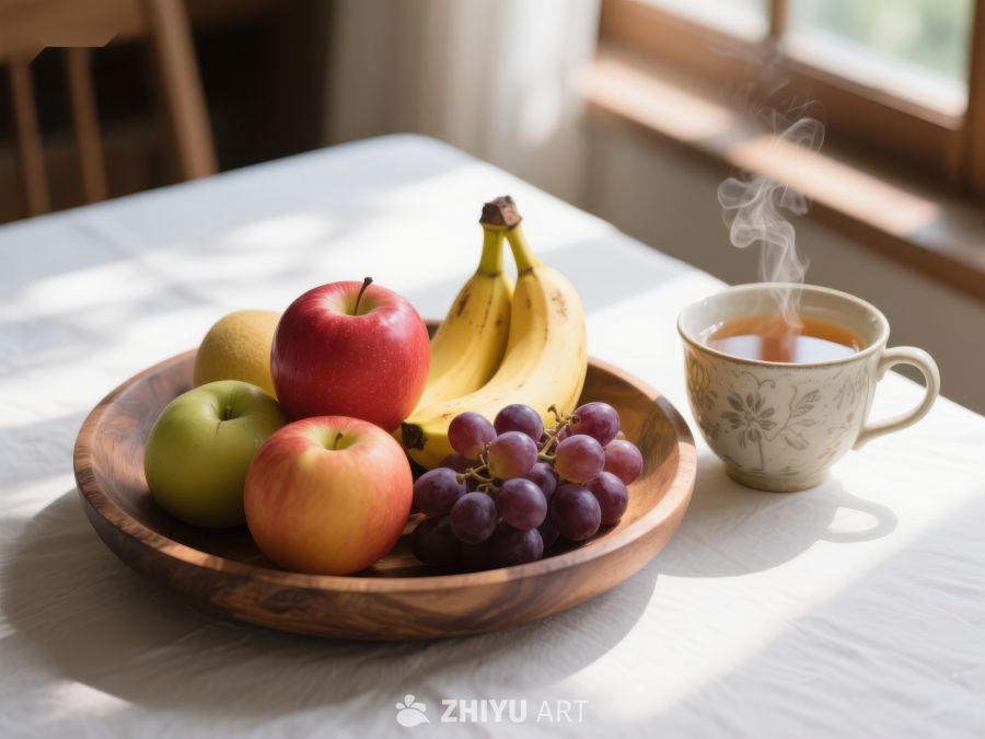 水果盘与热茶的温馨早晨 547