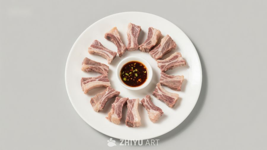 盘中排列整齐的排骨配蘸料
