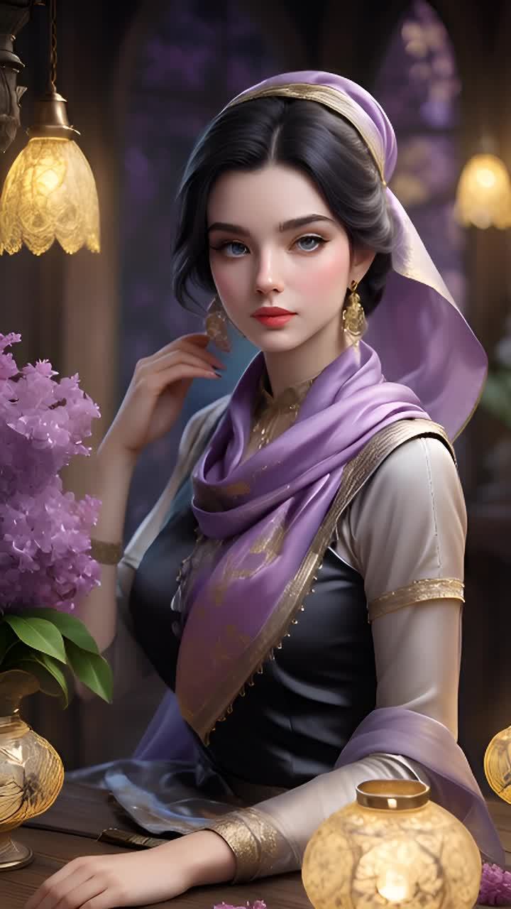 一个穿着浅色上衣和黑色背心的女人坐在桌子旁，她戴着