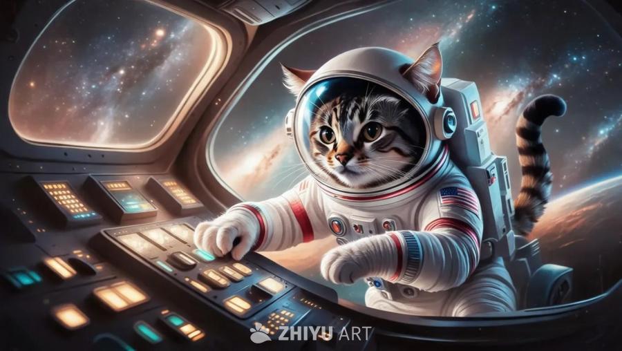 一只穿着宇航服的猫，坐在宇宙飞船的驾驶舱里，面前是
