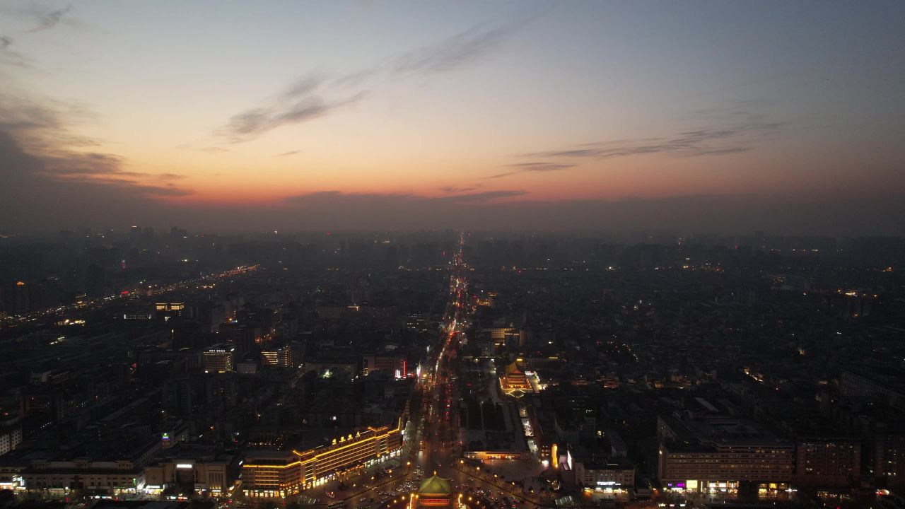 西安晚霞夜幕降临航拍