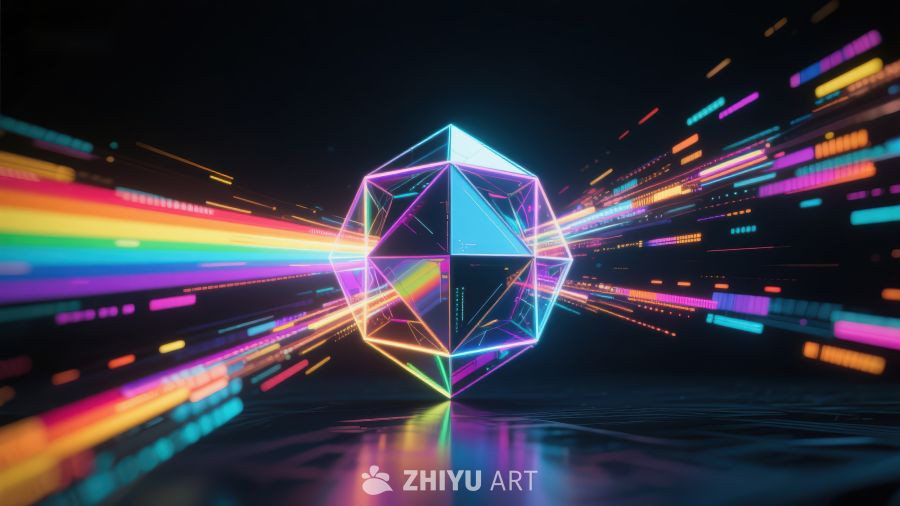 霓虹多面体与彩虹光线的未来科技场景 345