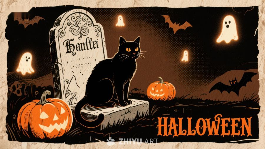 万圣节夜景：黑猫与墓碑