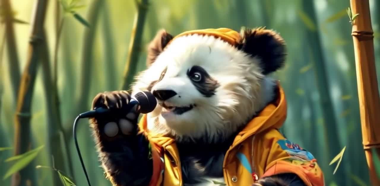 熊猫歌手竹林献唱，身穿黄色外套握话筒。