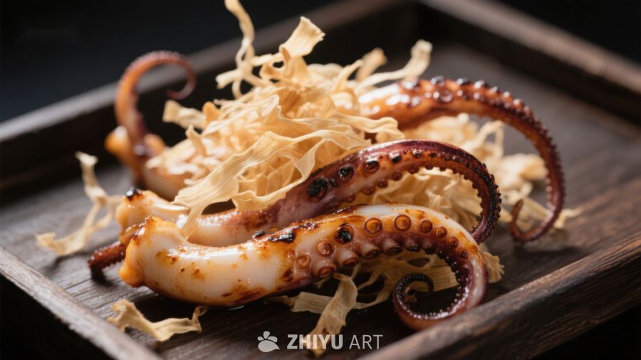 烤章鱼搭配脆炸洋葱丝