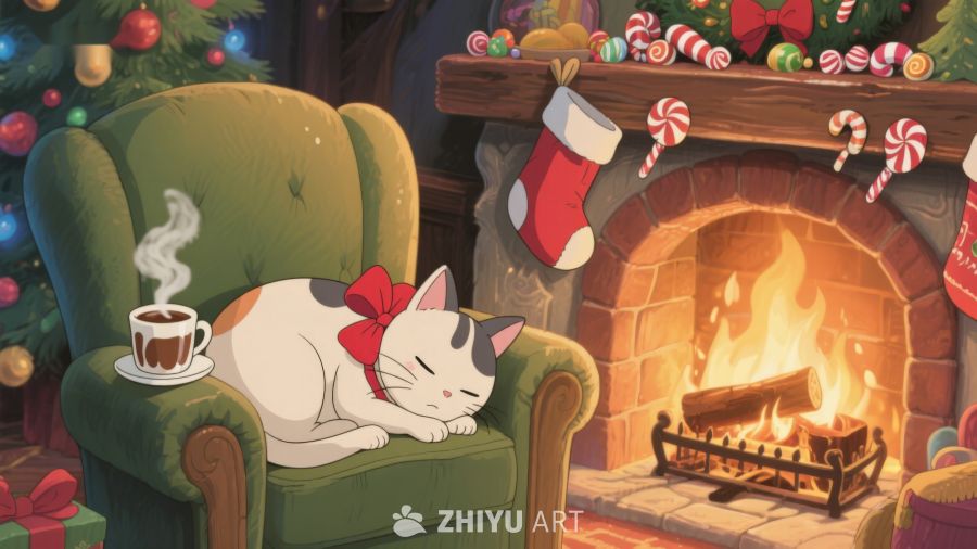 圣诞夜猫咪在壁炉旁安睡 214