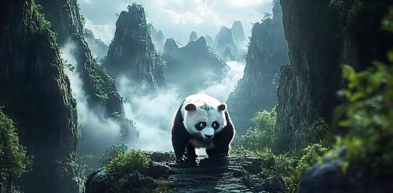 一只熊猫站在山间小路上。周围是雾气缭绕的山峰，山峰