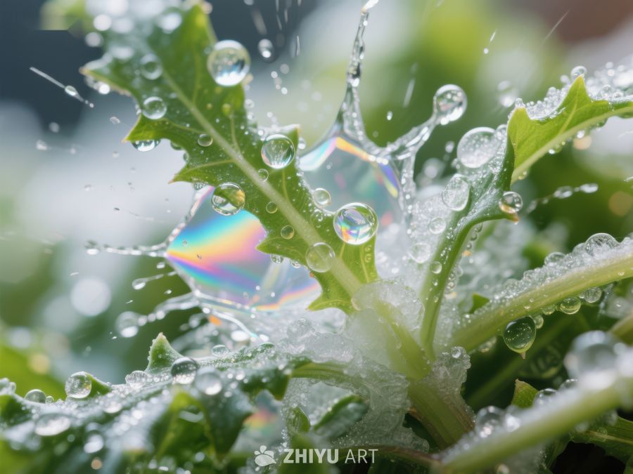 水滴轻溅，绿叶生机盎然 1393