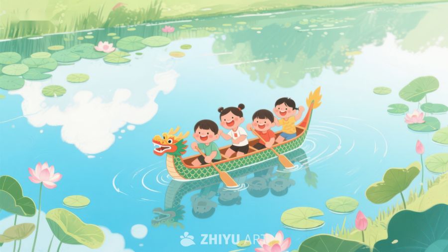 孩子们在池塘上划龙舟 164