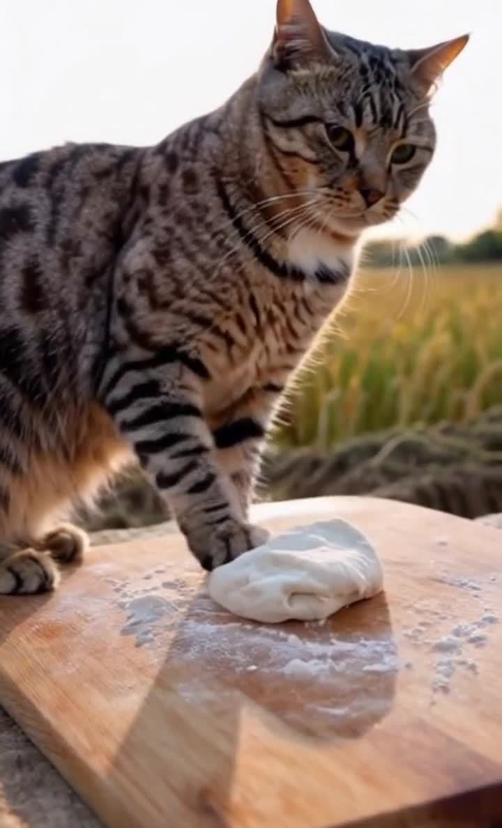 猫咪在砧板上用爪子按压面团，阳光下的稻田。