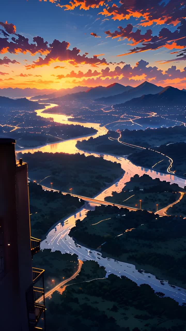 蜿蜒河流穿过的绿色平原上，灯火开始闪烁。群山轮廓渐隐于暮色之中，夕阳西下。天空从橘黄色过渡至深紫色，预示着夜幕降临。前景建筑逐渐走出阴影，剪影在渐渐消失的光线下愈发清晰。日落时分，宁静的景色焕发生机，捕捉到了这转瞬即逝的美景。