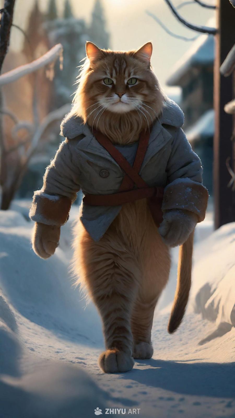 雪地里，一只穿着灰色外套和棕色手套的橙色猫站立行走