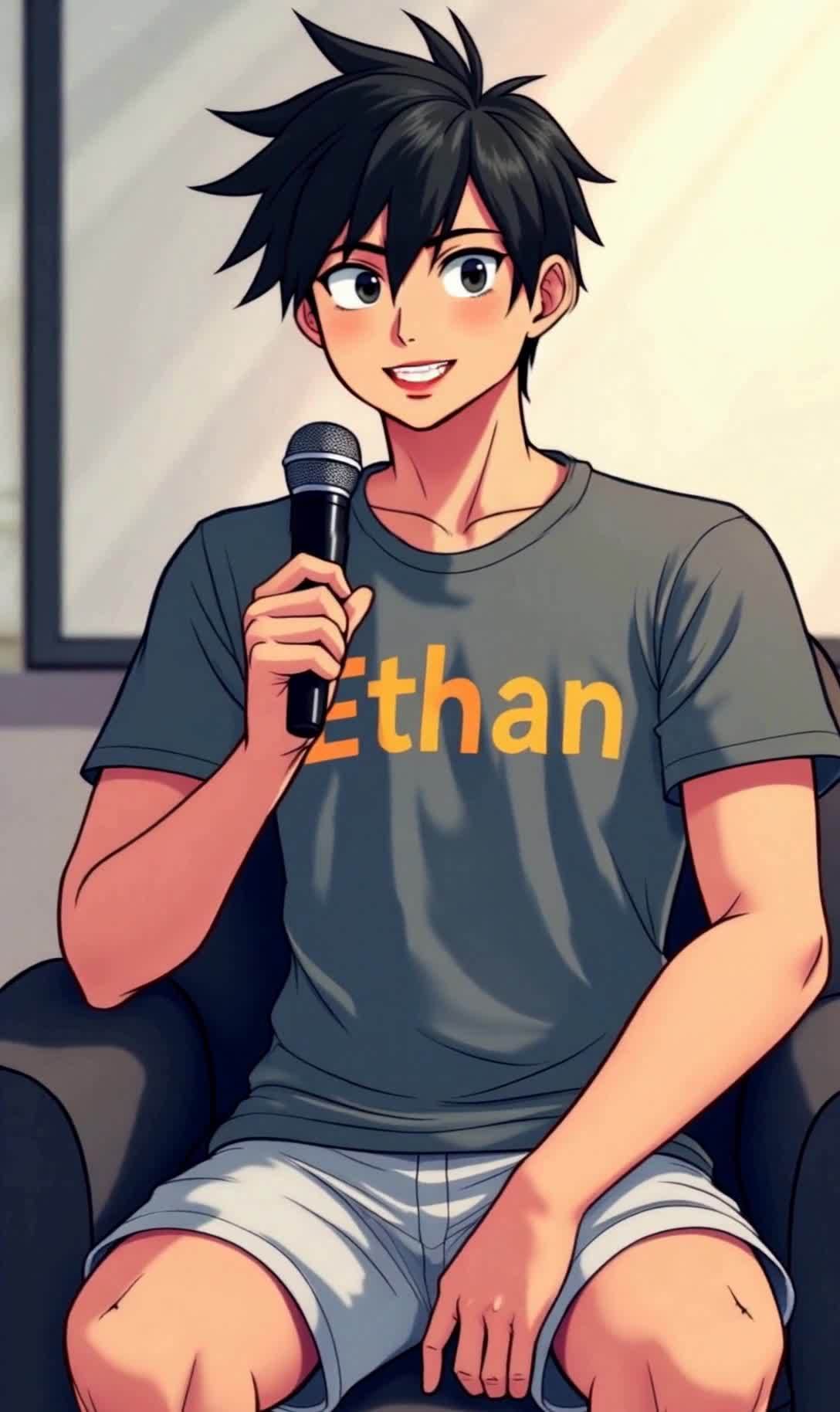 卡通男子Ethan持麦克风微笑演讲