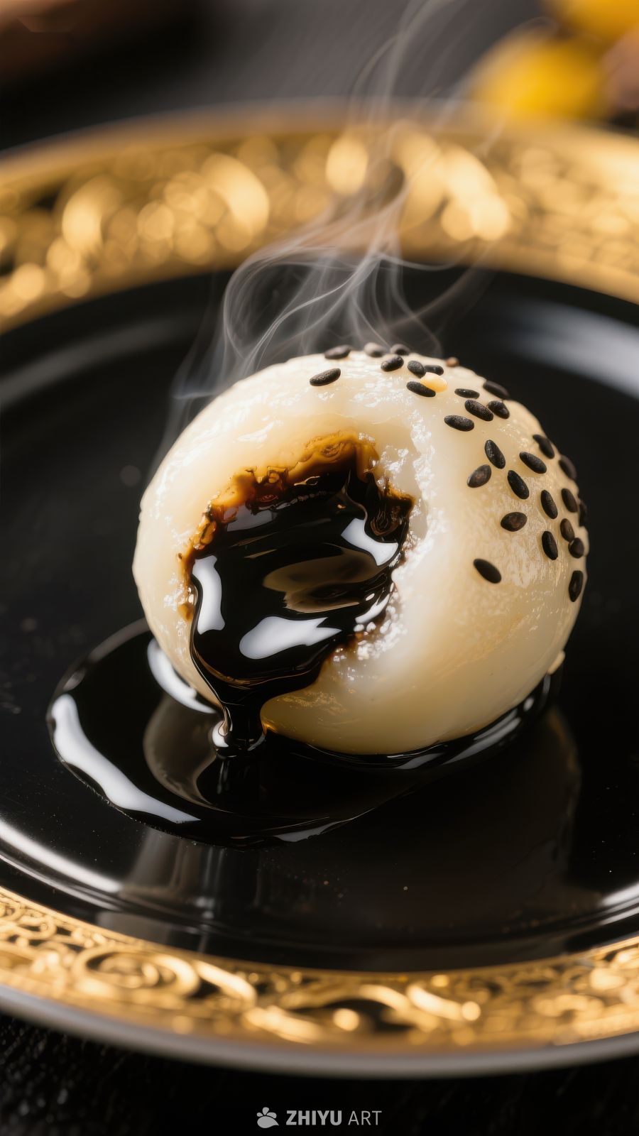 热腾糯米团淋酱黑芝麻点缀