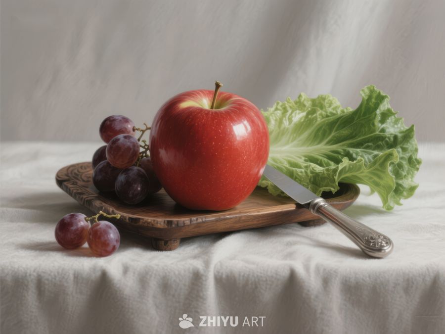 红苹果、葡萄与生菜的静物组合 32