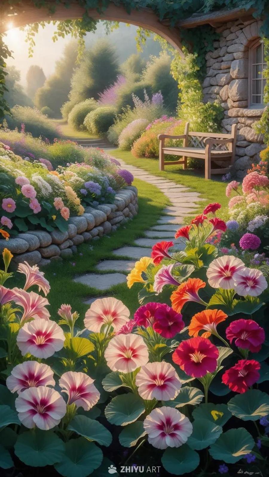 花园里有天竺葵花，花瓣色彩鲜艳，在柔和的阳光下绽放
