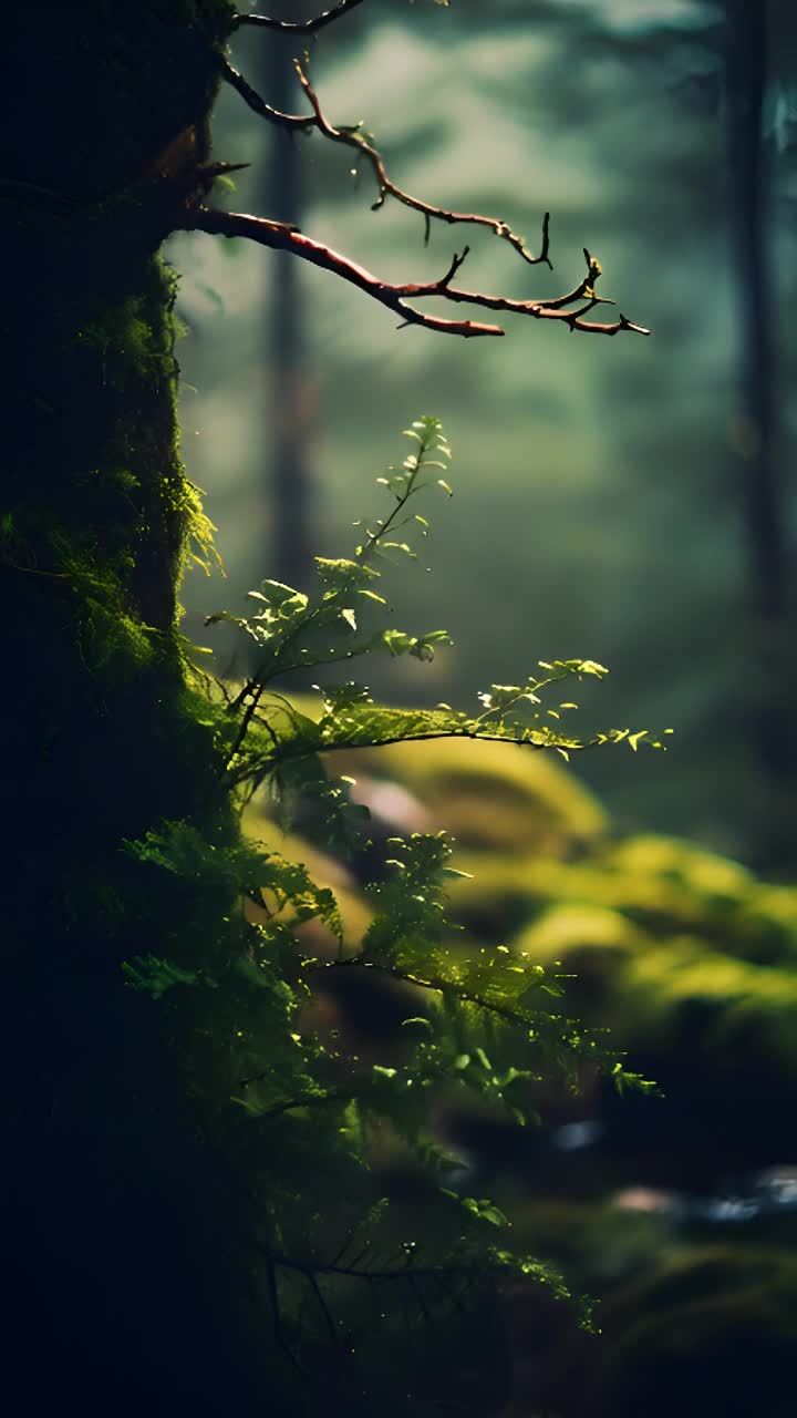 画面中心是一棵长满绿色苔藓的树，树枝在微风中轻轻摇