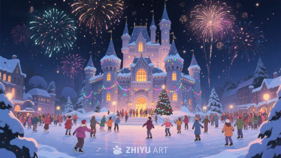 冬夜城堡前的欢乐冰场 15
