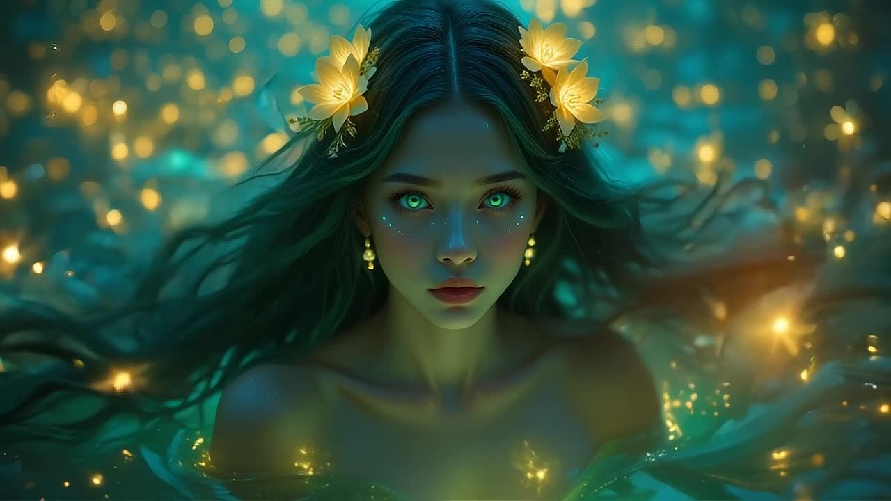 一位有着绿色眼睛的年轻女性浸在水中，她的头发是深绿