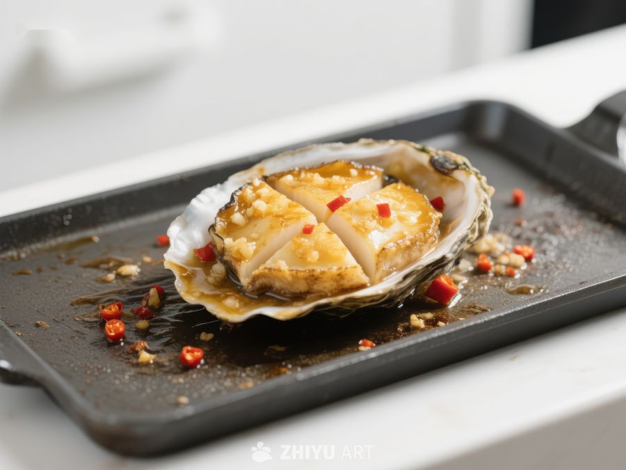 烤制生蚝，撒上辣椒点缀
