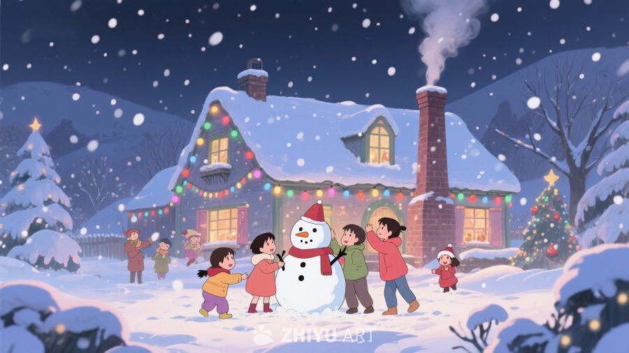 冬夜雪景中孩子们堆雪人 134