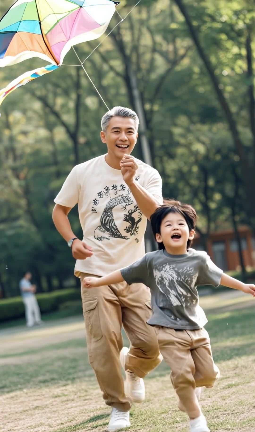 父子公园奔跑放风筝，享受快乐亲子时光