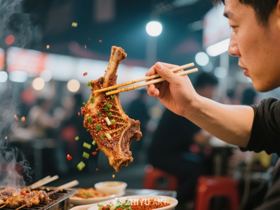 男子用筷子夹起香辣烤肉
