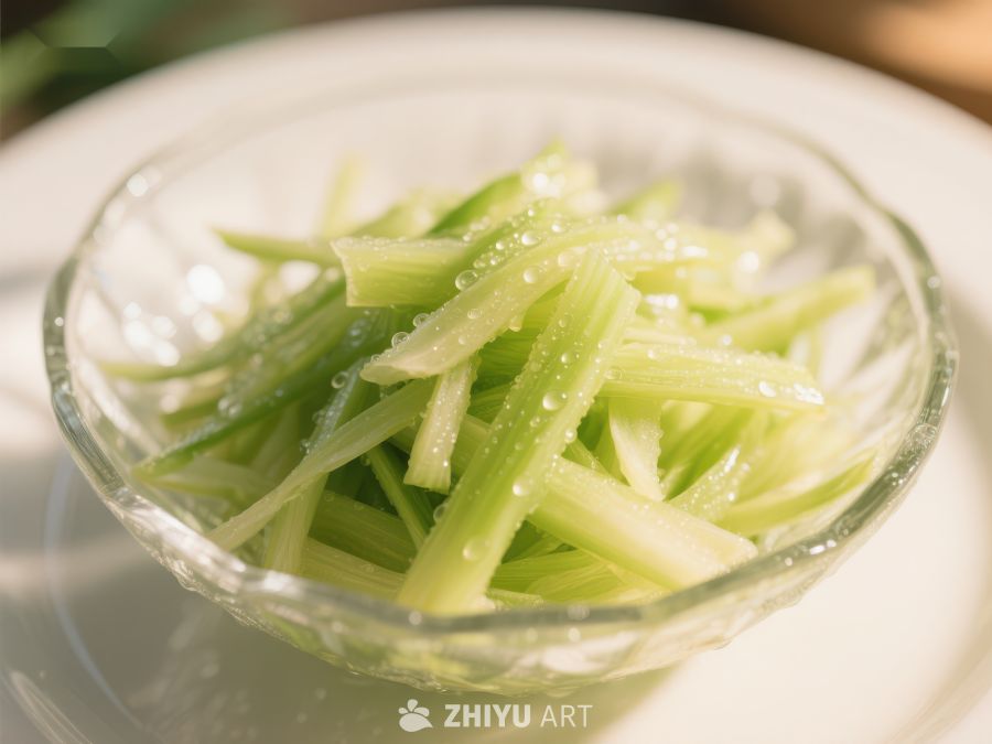 新鲜芹菜丝盛于透明碗中 1696