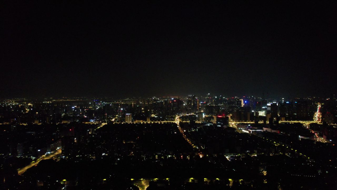 浙江杭州城市夜景灯光交通车两行驶航拍 