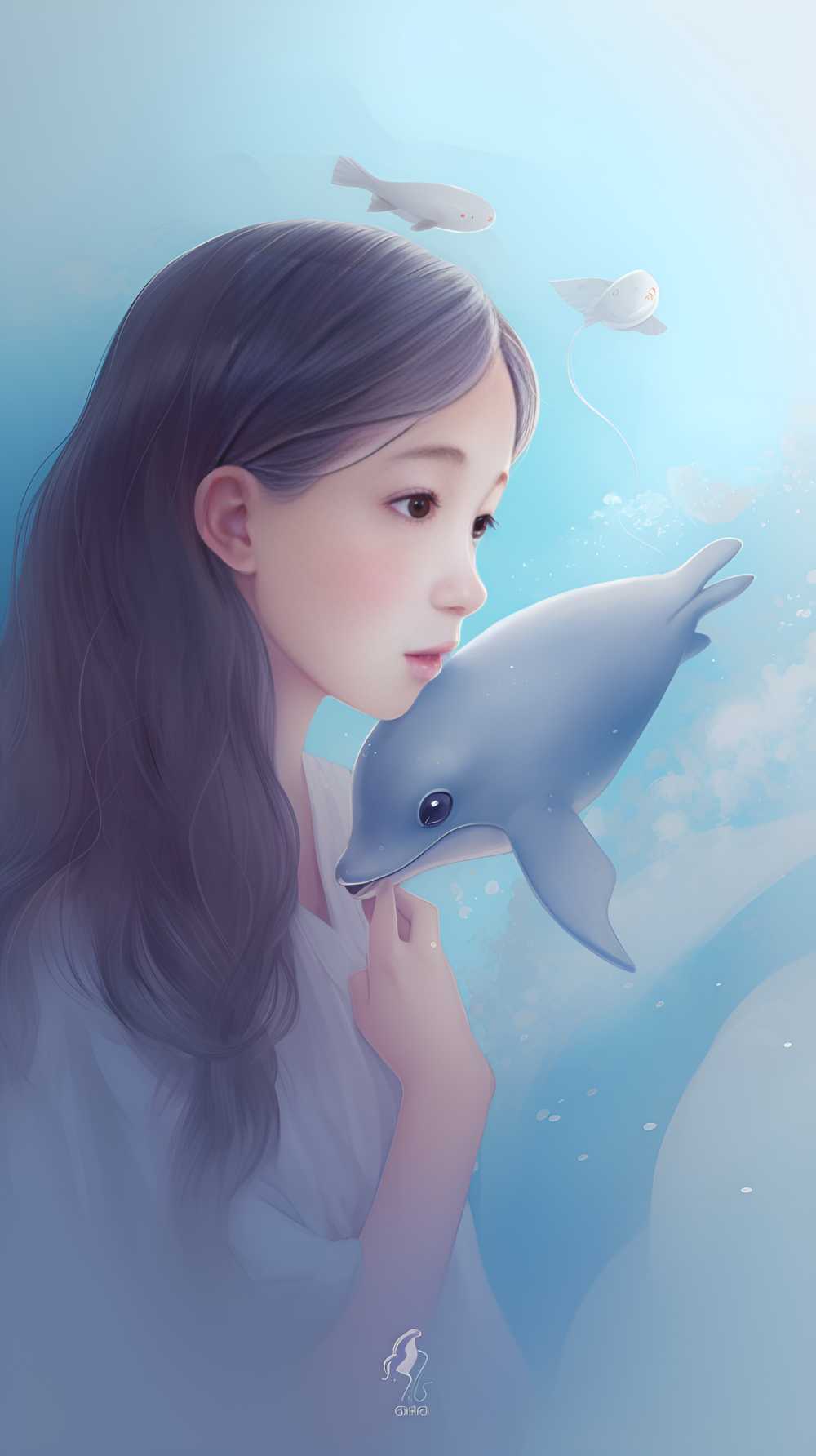 一个女孩和一只乳白色的海豚在天空中