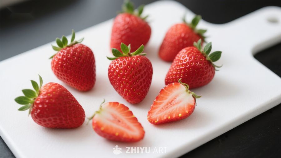 新鲜草莓摆放于白色砧板上