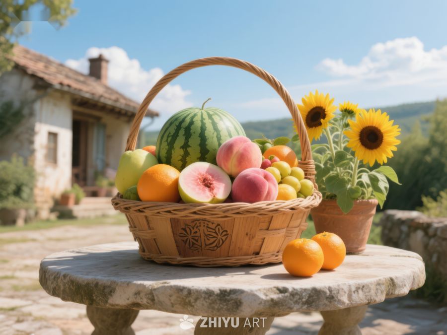 夏日果园：篮中水果与向日葵 629