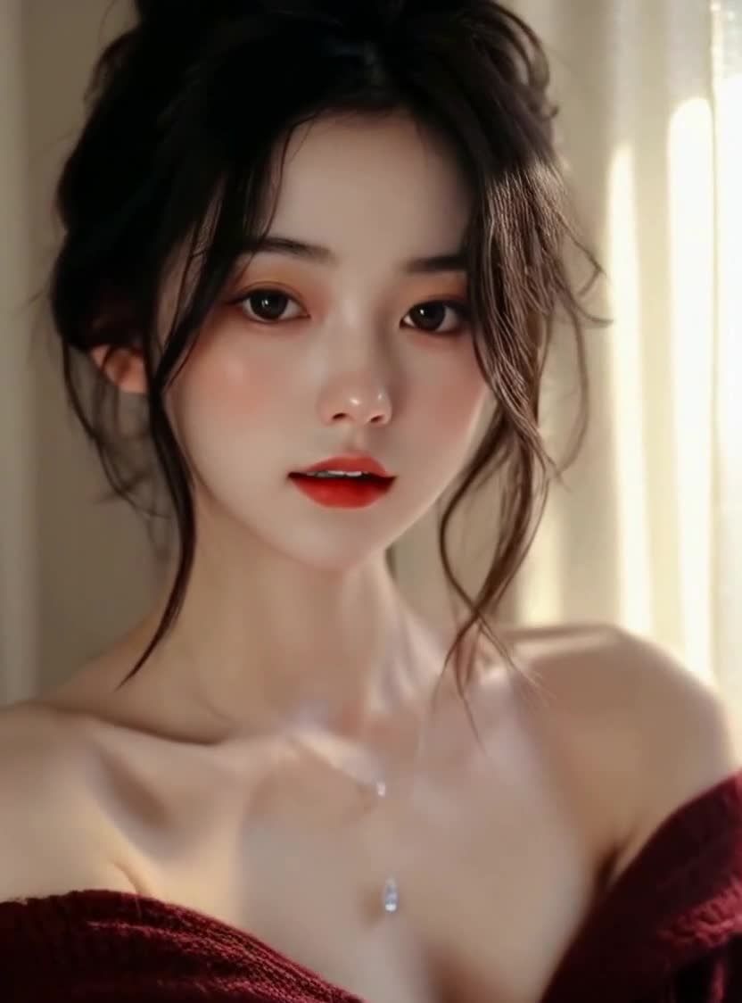 红唇黑发针织衫美女窗边侧影