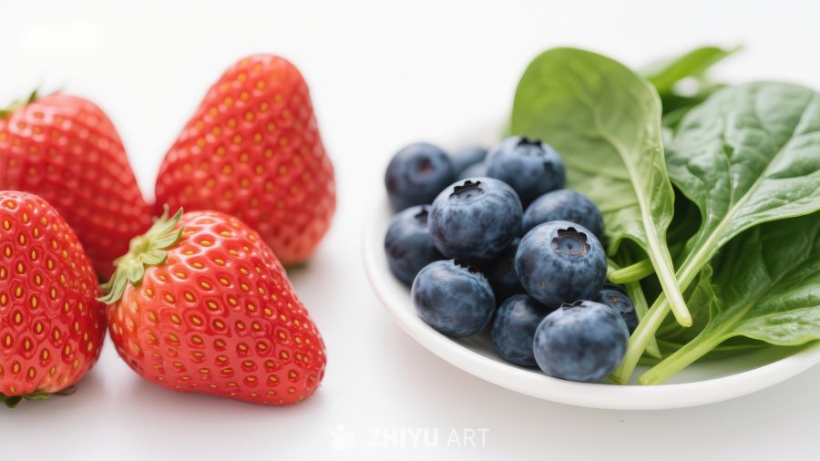 新鲜草莓、蓝莓与菠菜的健康组合