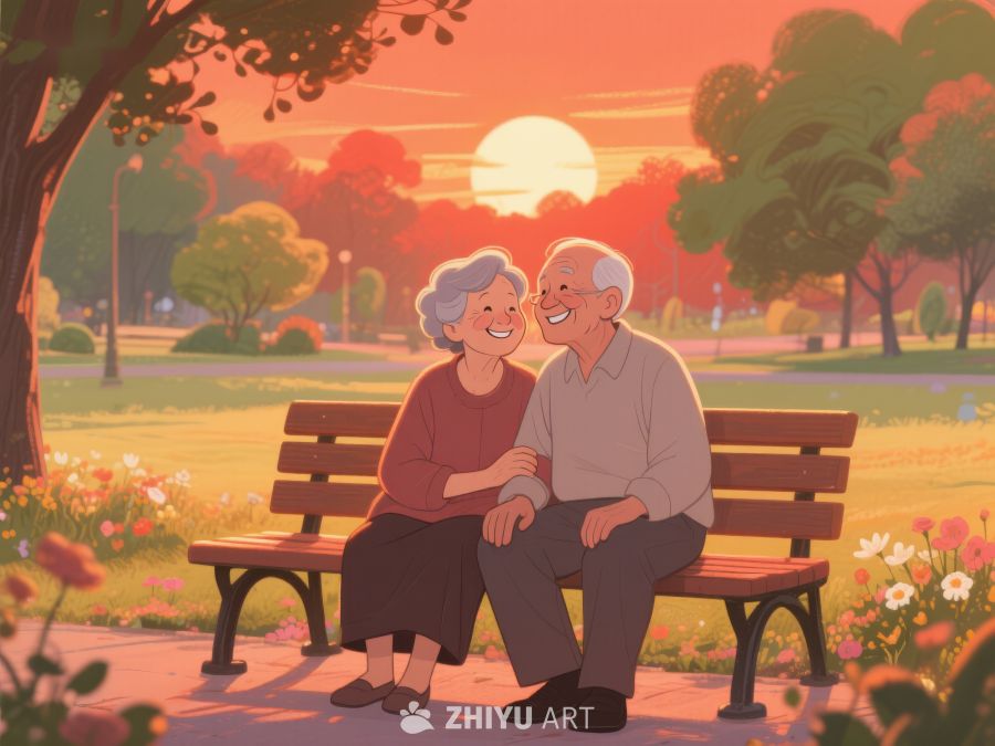 夕阳下公园里的老年夫妇 873